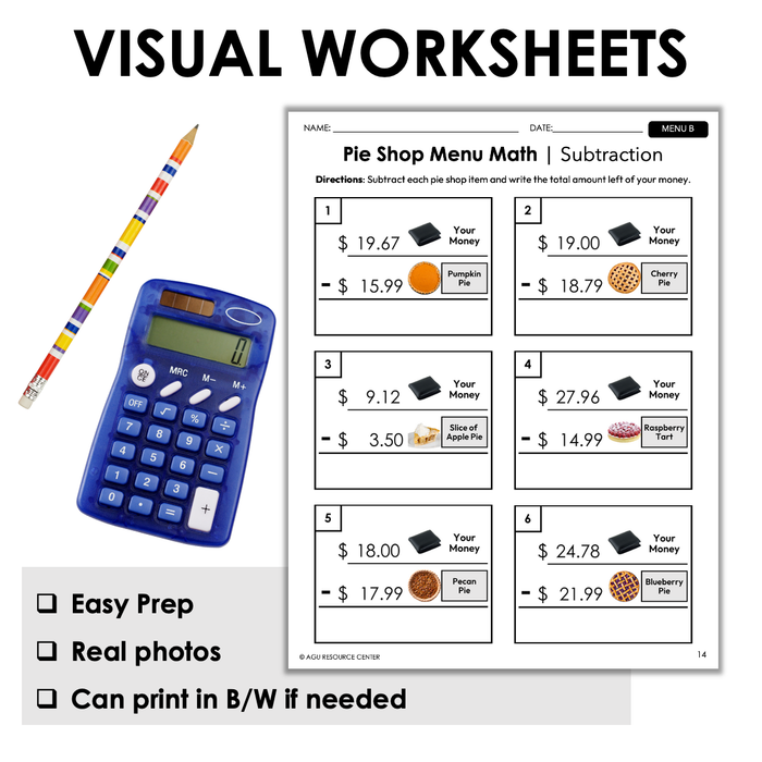 Menu Math Worksheets | Pie Shop | Subtraction