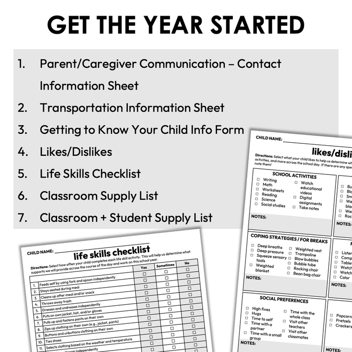 Back to School Forms for Special Education