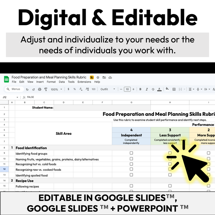 Food Preparation and Meal Planning Skills Checklist + Rubric | Digital + Editable