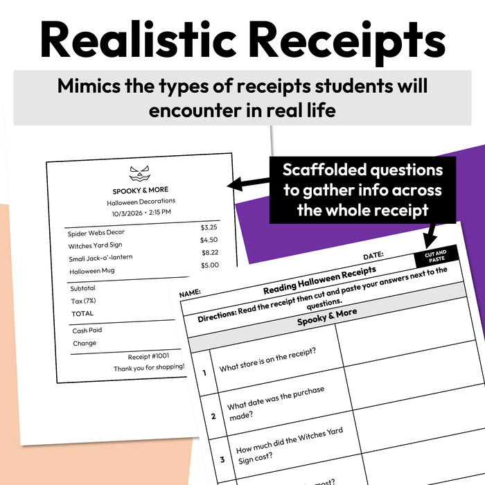 Halloween Receipt Reading | Worksheet, Task Cards, Digital Cards Bundle