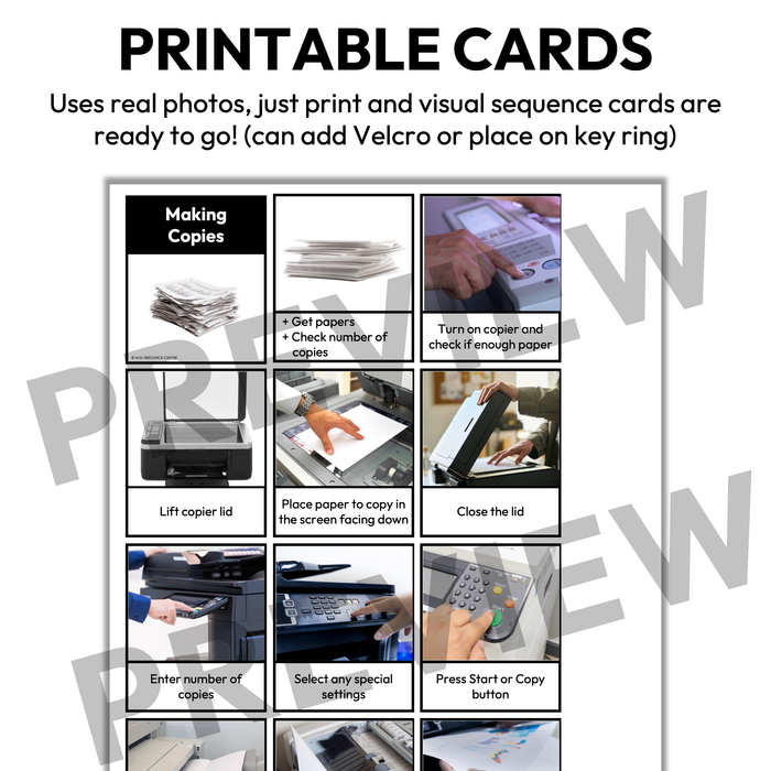 Making Copies Visual Sequence Cards | Vocational + Life Skills | Editable
