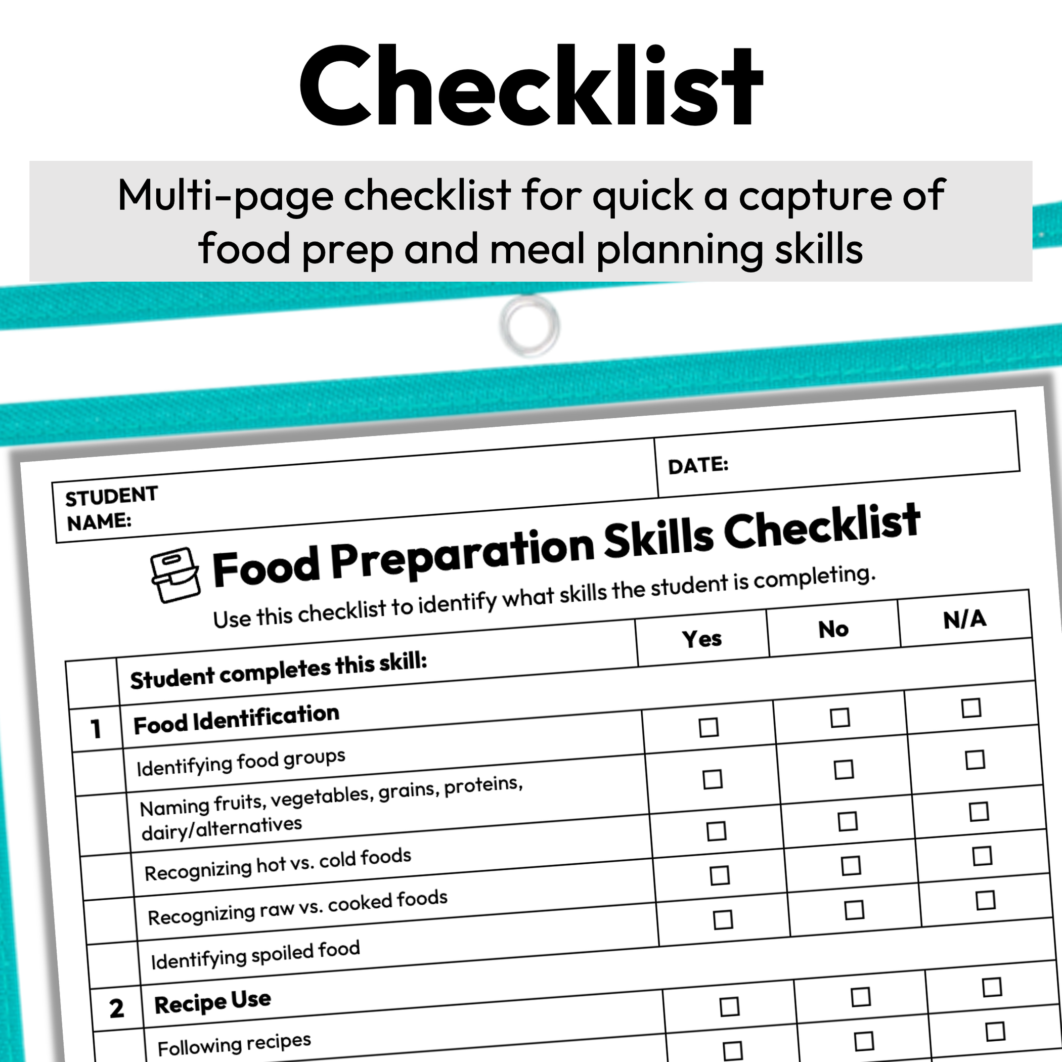 Food Preparation and Meal Planning Skills Checklist + Rubric | Printab ...