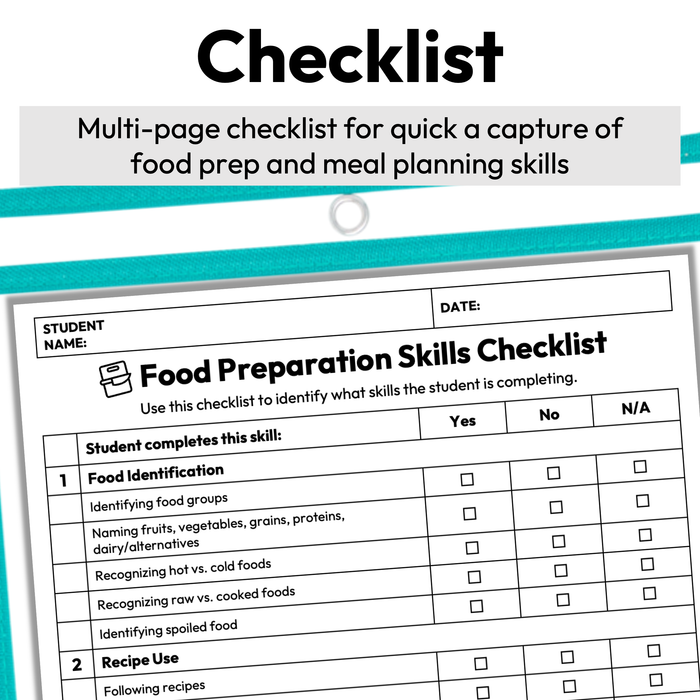 Food Preparation and Meal Planning Skills Checklist + Rubric | Printable