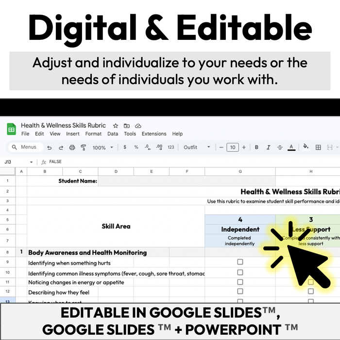 Health and Wellness Skills Checklist + Rubric | Digital + Editable