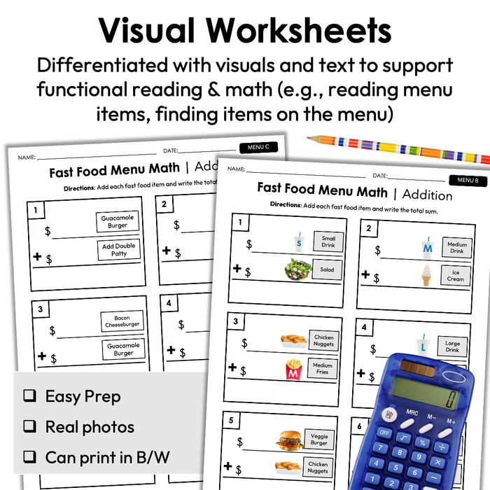 Menu Math Worksheets | Fast Food | Addition — Autism Grown Up