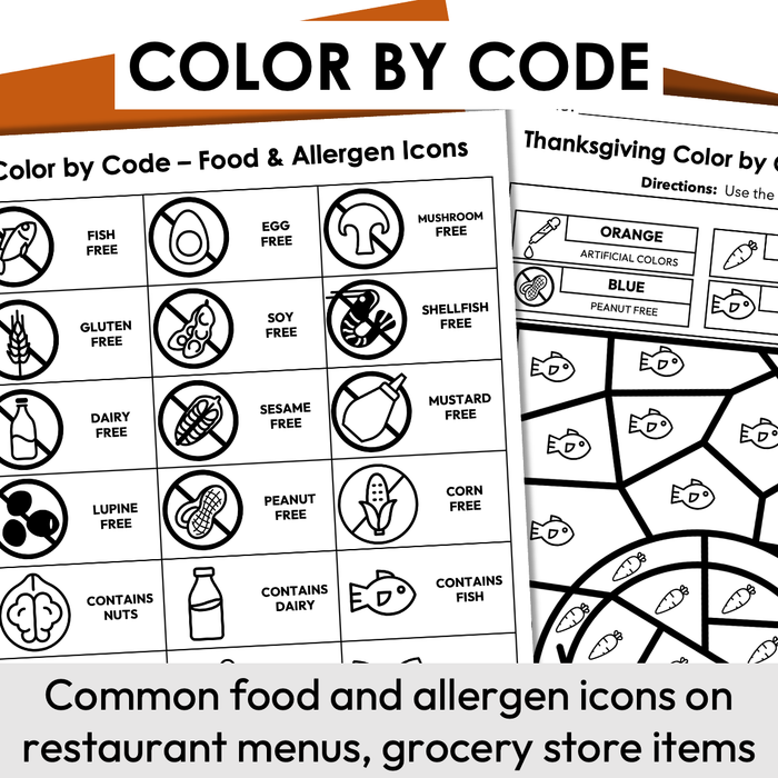 Thanksgiving Color By Code | Food & Allergen Icons | Special Education ...