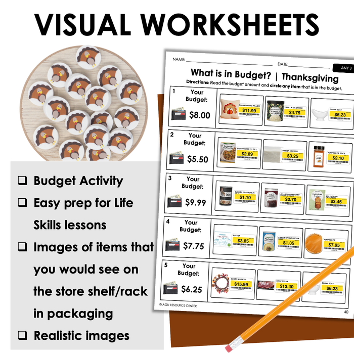 Thanksgiving Budget Worksheets for Special Education