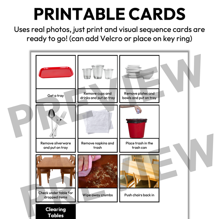 Clearing Tables Visual Sequence Cards | Vocational + Life Skills | Editable