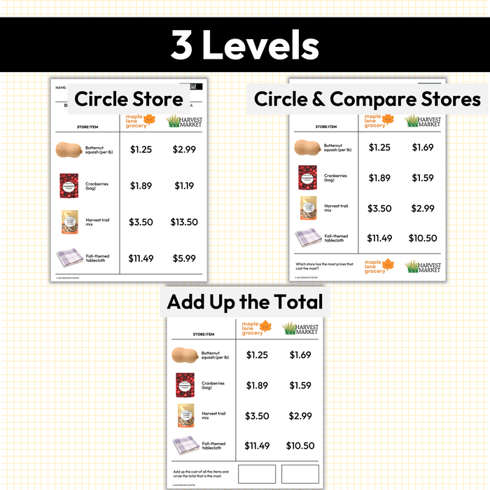 Fall Price Comparison | Which Store Costs More | Worksheets