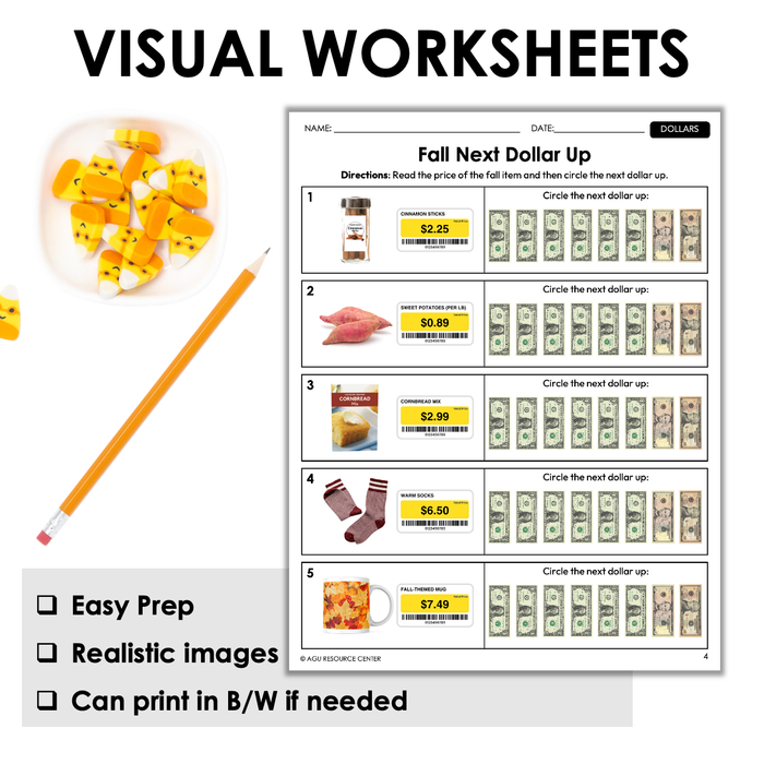 Fall Next Dollar Up Worksheets for Special Education