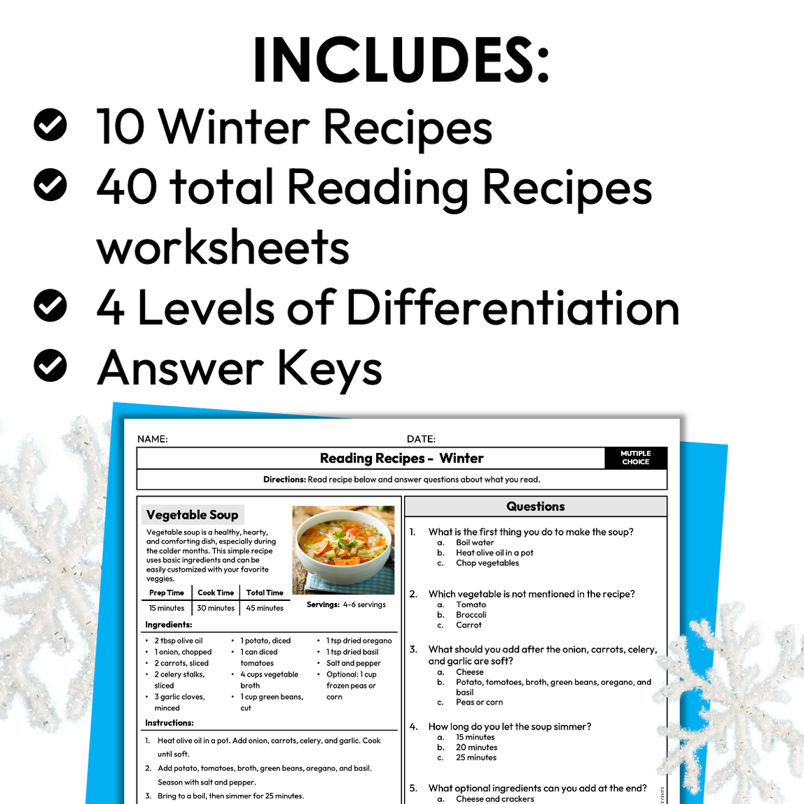 Winter Recipes | Recipe Reading Comprehension | Special Education ...
