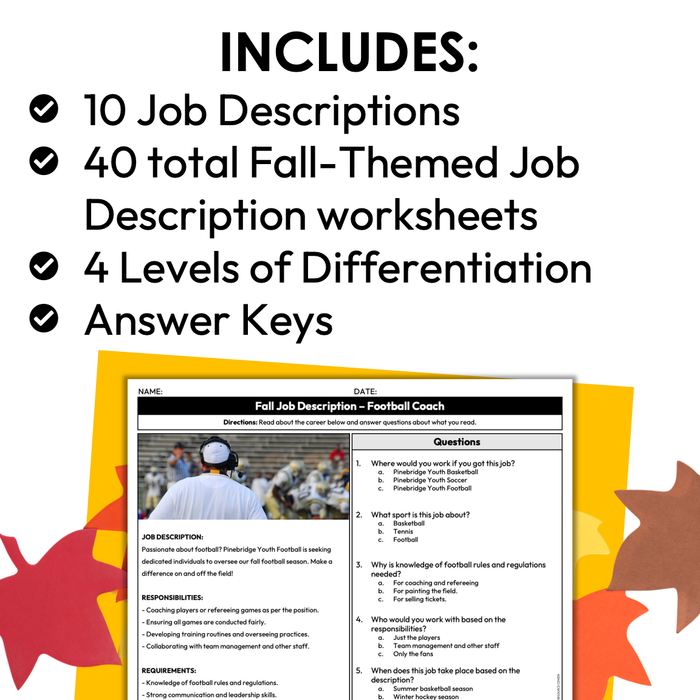 Fall Job Skills | Reading Fall Job Descriptions | Special Education