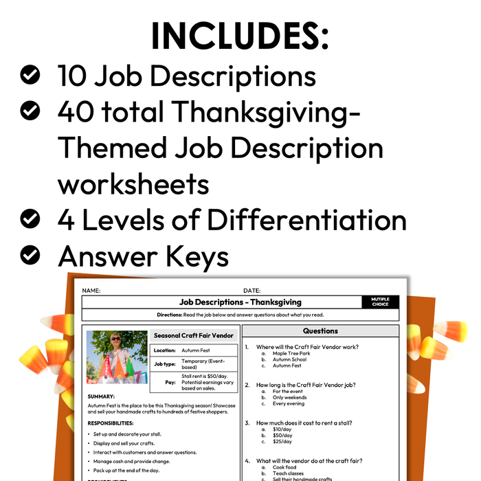 Thanksgiving Job Descriptions | Reading Job Listings | Special Education