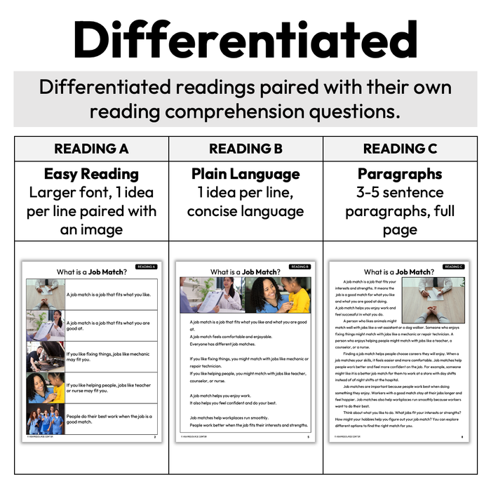 Job Match with Interests | Career Exploration Vocabulary Readings