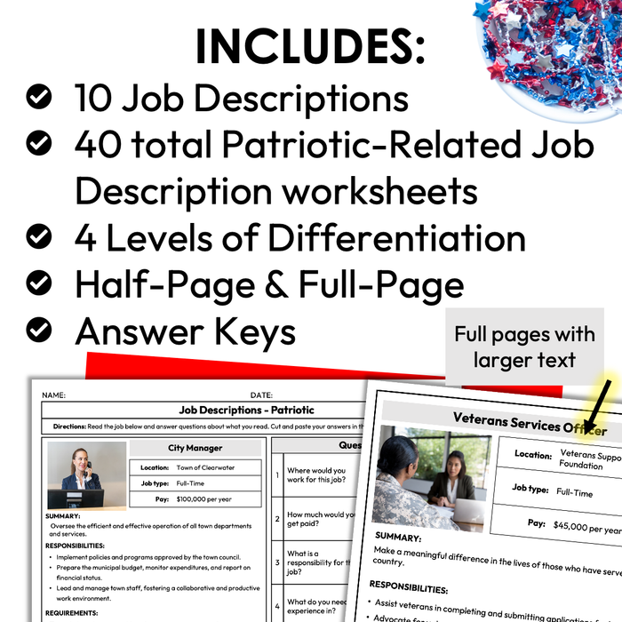 Patriotic Job Descriptions | Life Skills for Special Education