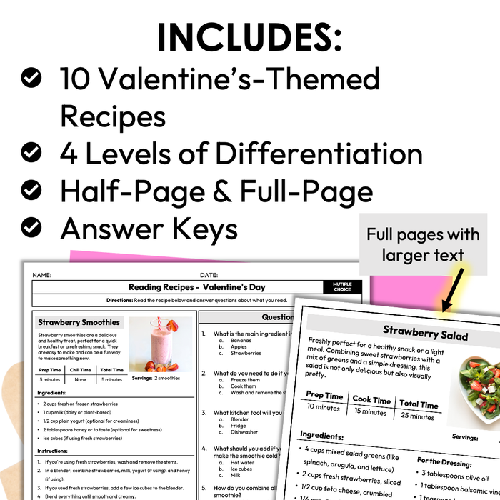 Valentine's Day Recipes | Recipe Reading Comprehension | Special Education