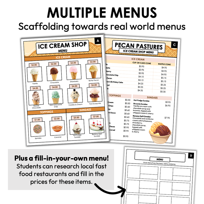 Menu Math Worksheets | Ice Cream Shop | Subtraction