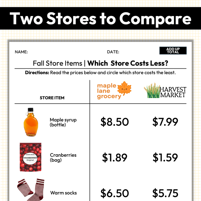 Fall Price Comparison | Which Store Costs Less | Worksheets