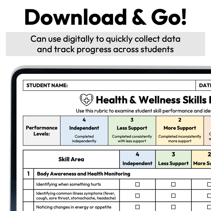 Health and Wellness Skills Checklist + Rubric | Digital + Editable