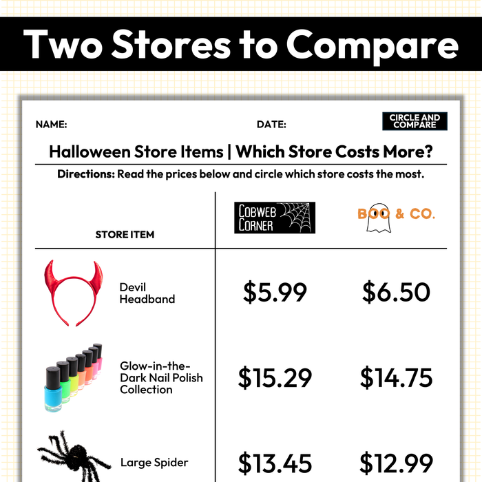 Halloween Price Comparison | Which Store Costs More | Worksheets