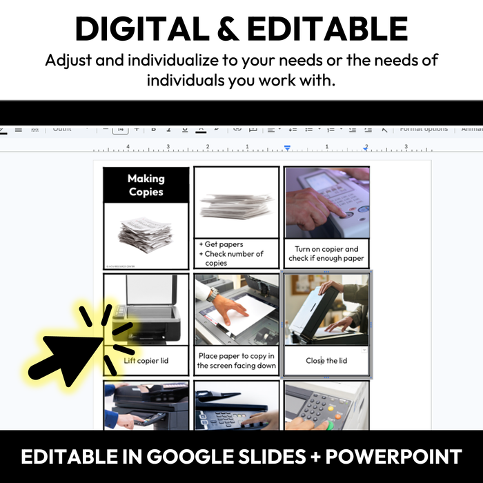 Making Copies Visual Sequence Cards | Vocational + Life Skills | Editable