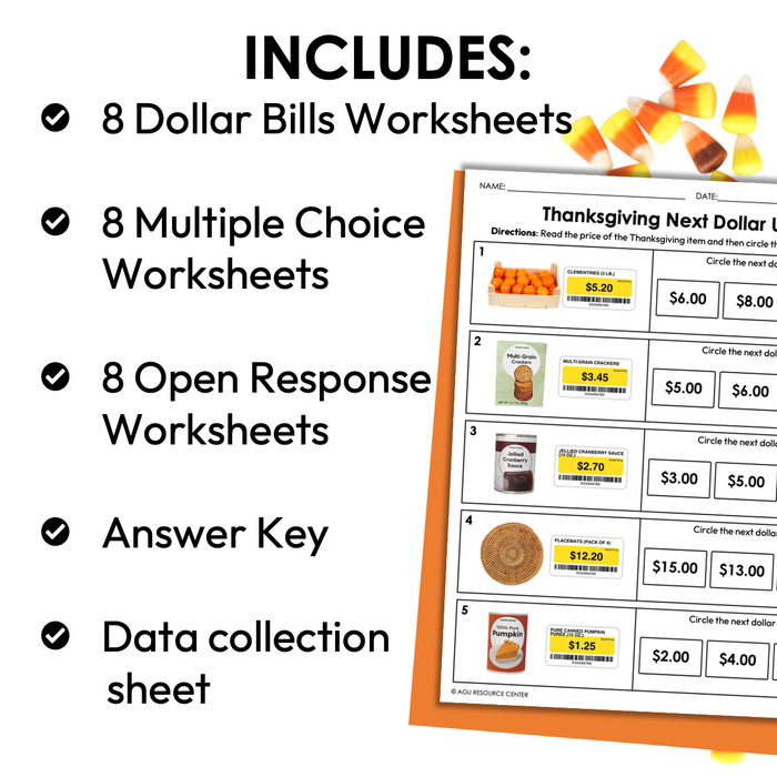 Thanksgiving Next Dollar Up Worksheets for Special Education