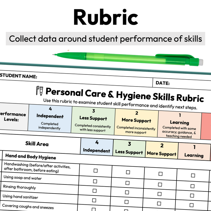 Personal Care & Hygiene Skills Checklist + Rubric | Printable