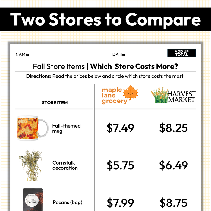 Fall Price Comparison | Which Store Costs More | Worksheets