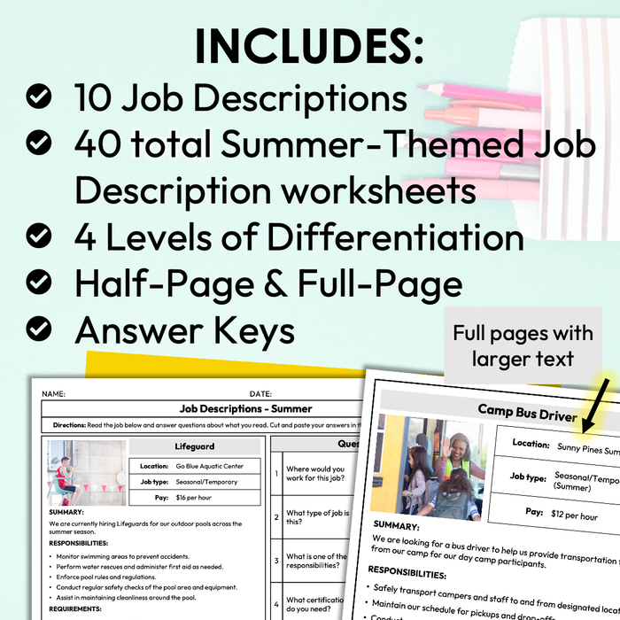 Summer Seasonal Job Descriptions | Life Skills Worksheets for Special Education