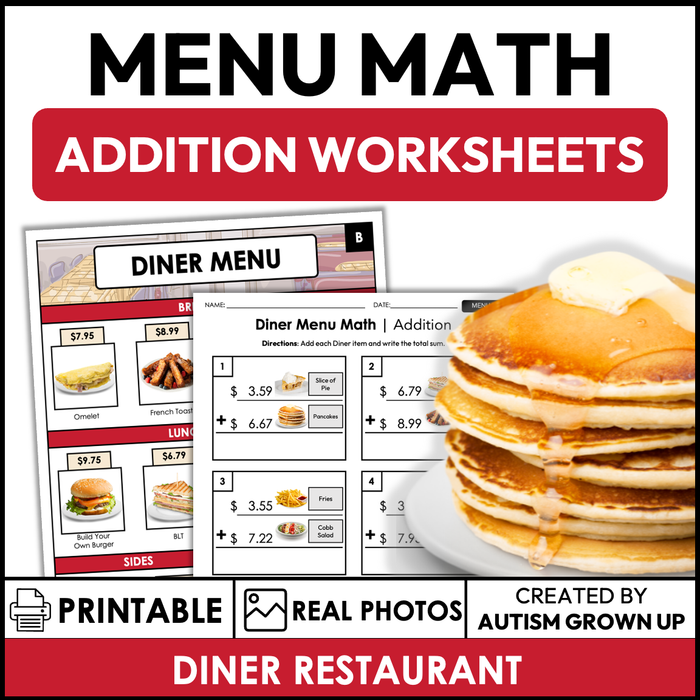 Menu Math Worksheets | Diner | Addition
