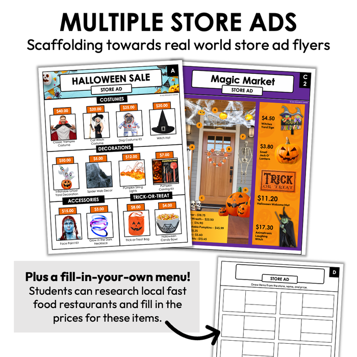 Halloween Store Ad Worksheets | Addition