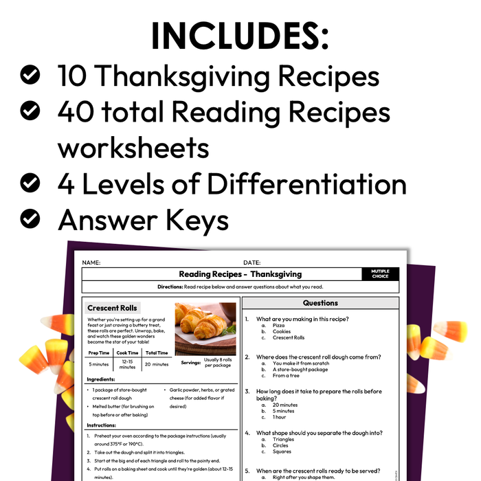 Thanksgiving Recipes | Recipe Reading Comprehension | Special Education