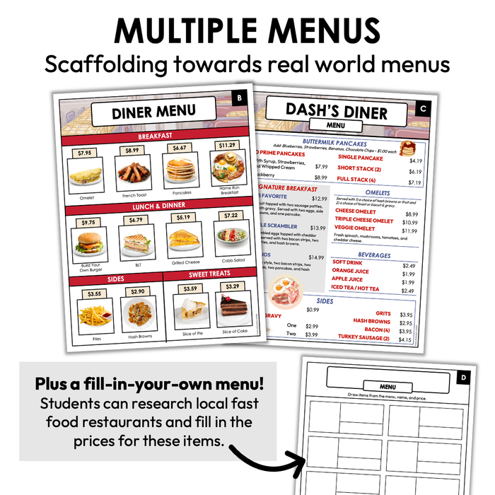 Menu Math Worksheets | Diner | Subtraction — Autism Grown Up