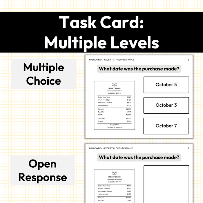 Halloween Receipt Reading | Worksheet, Task Cards, Digital Cards Bundle
