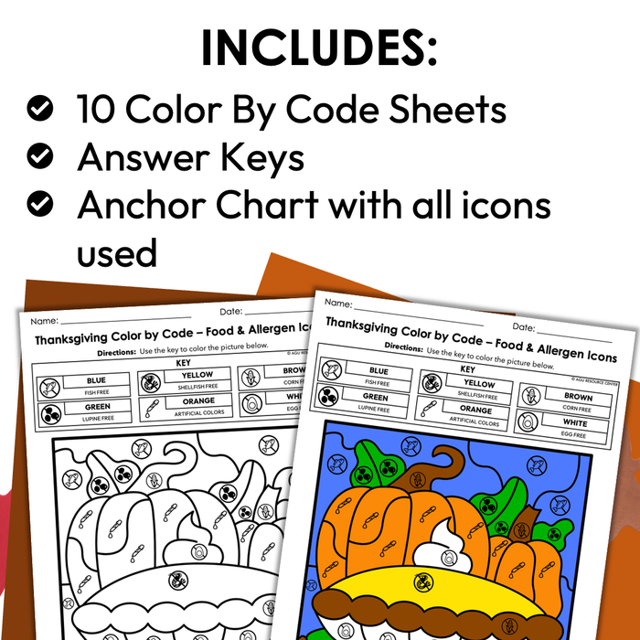 Thanksgiving Color By Code | Food & Allergen Icons | Special Education
