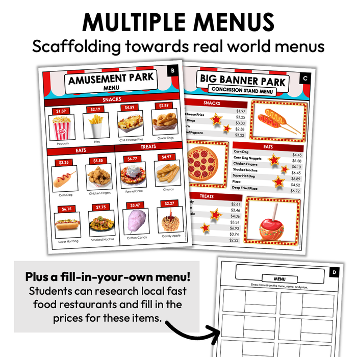 Menu Math Worksheets | Amusement Park Concession Stand | Addition ...
