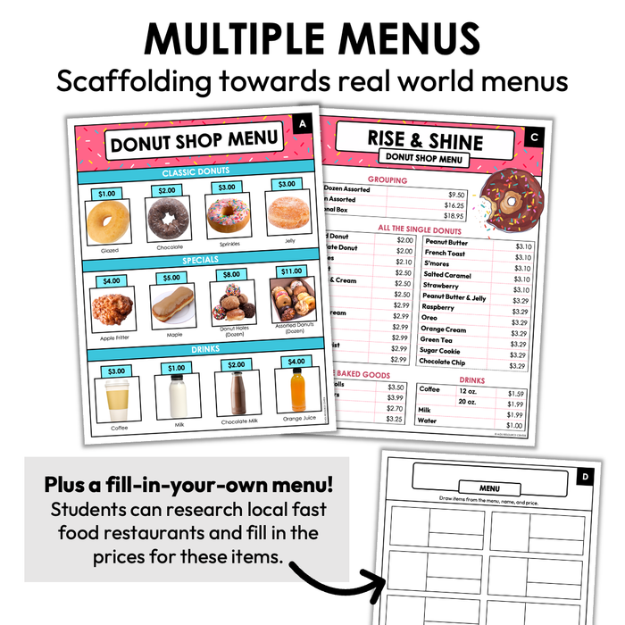 Menu Math Worksheets | Donut Shop | Addition