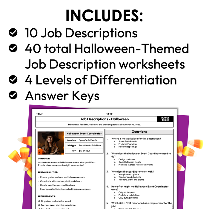 Halloween Job Skills | Reading Halloween Job Descriptions | Special Education