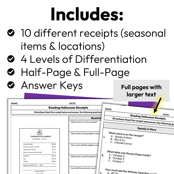 Reading Halloween Receipts Worksheets | Environmental Print | Life Skills Worksheets