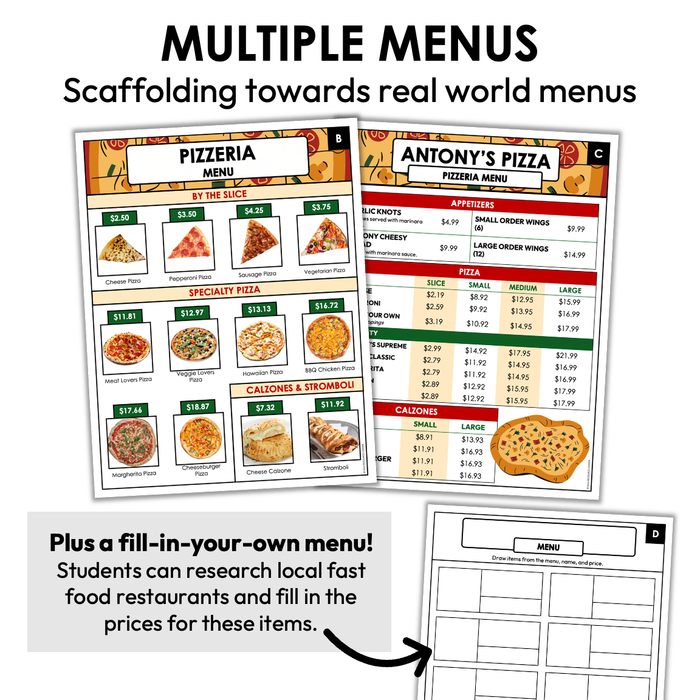 Menu Math Worksheets | Pizzeria | Addition