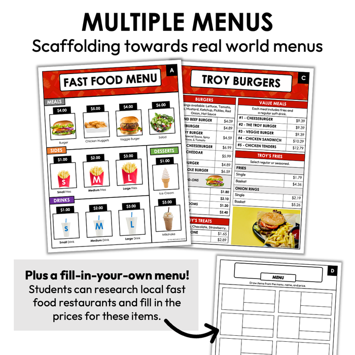 Menu Math Worksheets | Fast Food | Subtraction