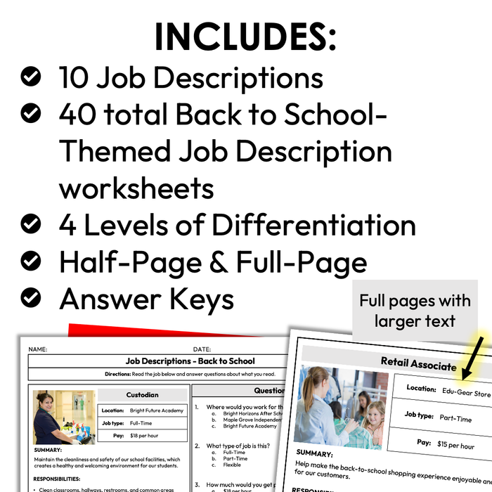 Back to School Job Descriptions | Life Skills for Special Education