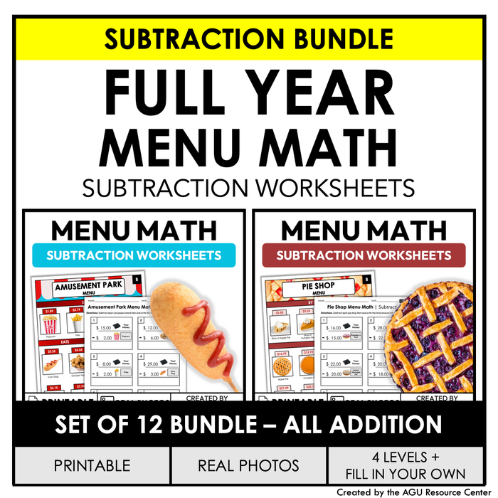 Menu Math Subtraction Full Year Bundle