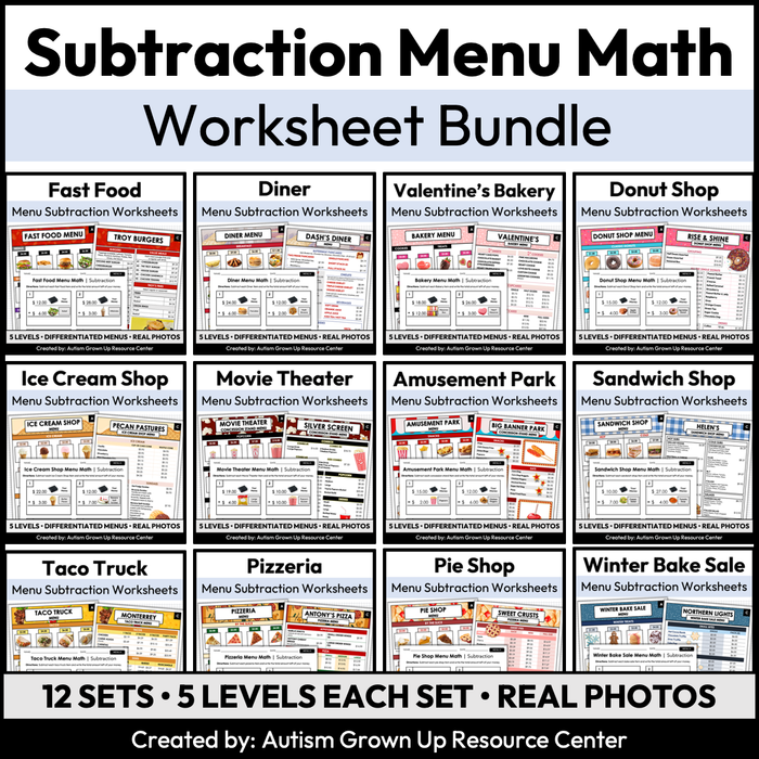 Menu Math Subtraction Full Year Bundle — Autism Grown Up