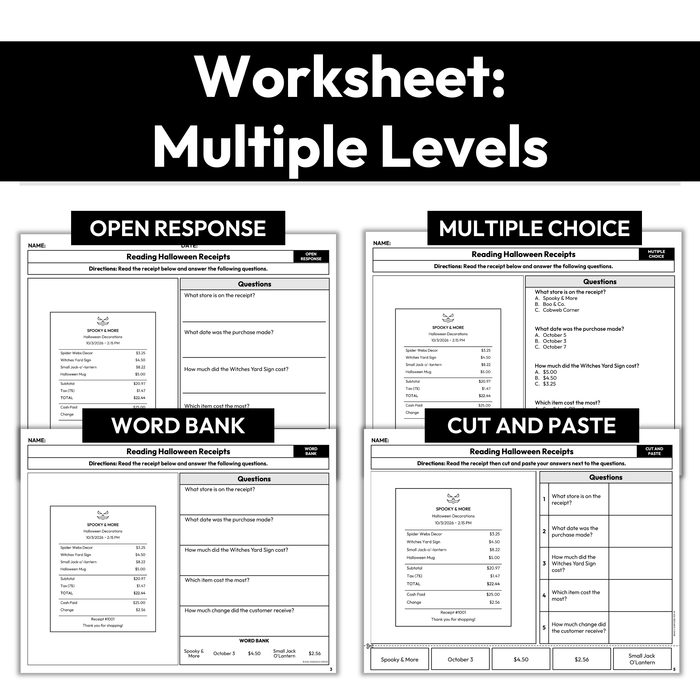 Halloween Receipt Reading | Worksheet, Task Cards, Digital Cards Bundle