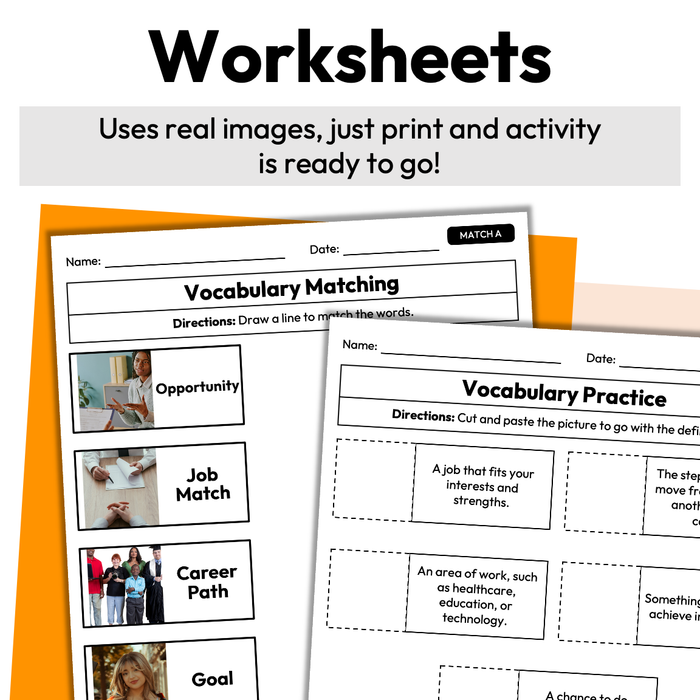 Job Match with Interests | Career Exploration Vocab Wall, Cards, & Worksheets
