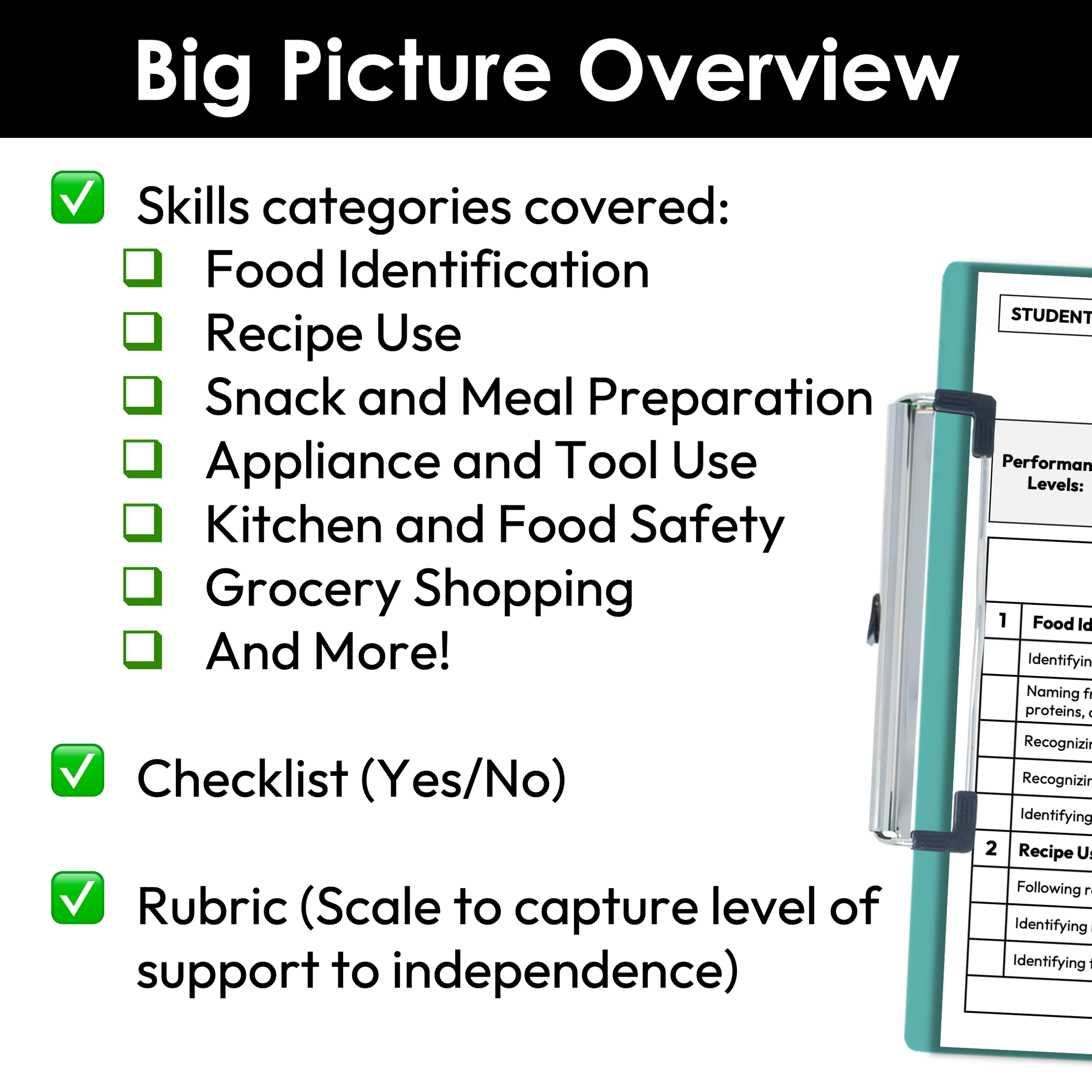Food Preparation and Meal Planning Skills Checklist + Rubric | Printab ...