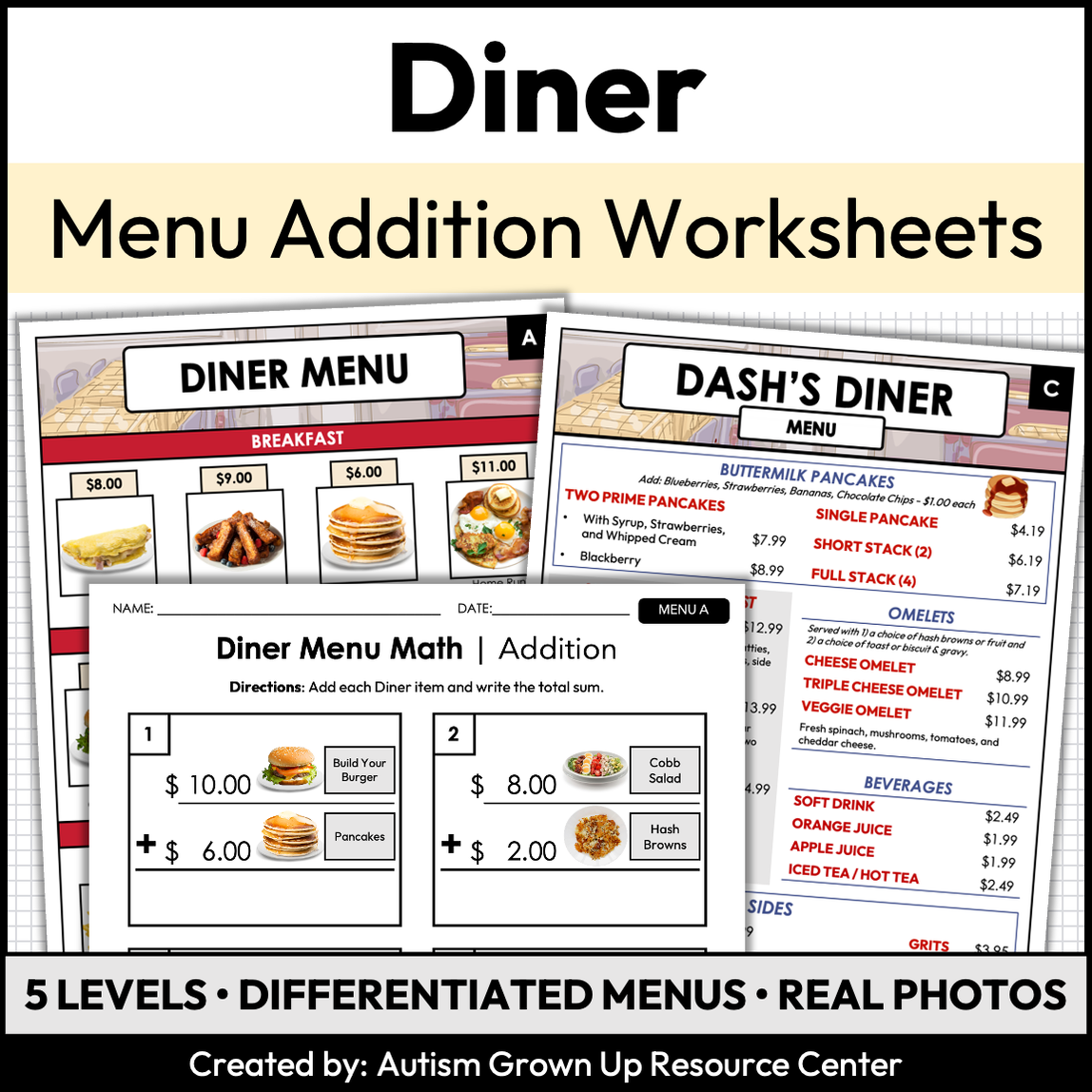 Menu Math Worksheets | Diner | Addition — Autism Grown Up