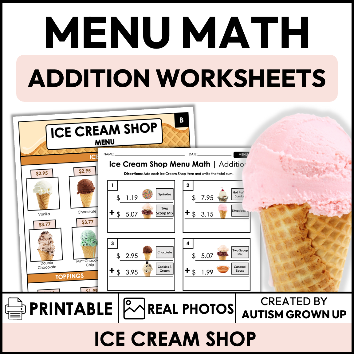 Menu Math Worksheets | Ice Cream Shop | Addition — Autism Grown Up