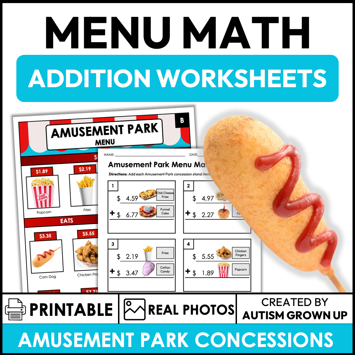 Addition Stand Math Menu Math Worksheets | Amusement Park Concession Stand | Addition ...